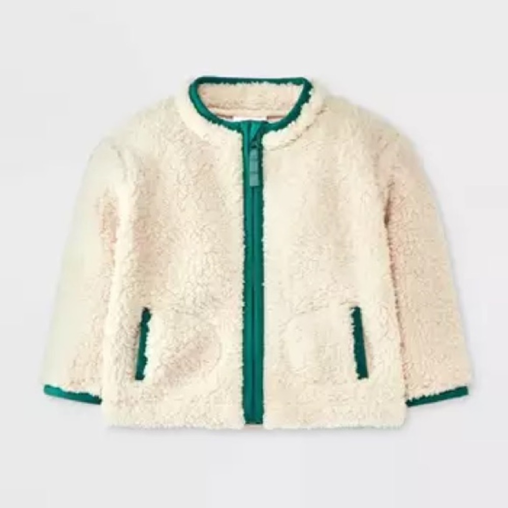 ✨Cat & Jack Faux Shearling Fur Jacket Cream Sherpa with Green Piping Size 3-6 M